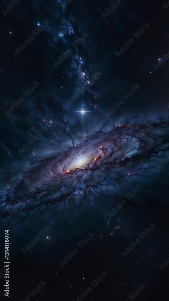 Fototapeta premium Dramatic Spiral Galaxy and Nebula in Deep Space with Bright Central Core and Starburst Effect, Vertical Astronomy and Cosmos View, 4k