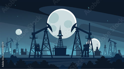 Against the nights canvas the oil derricks metallic sheen reflects the moons pale light creating an ominous yet mesmerizing sight.. Vector illustration
