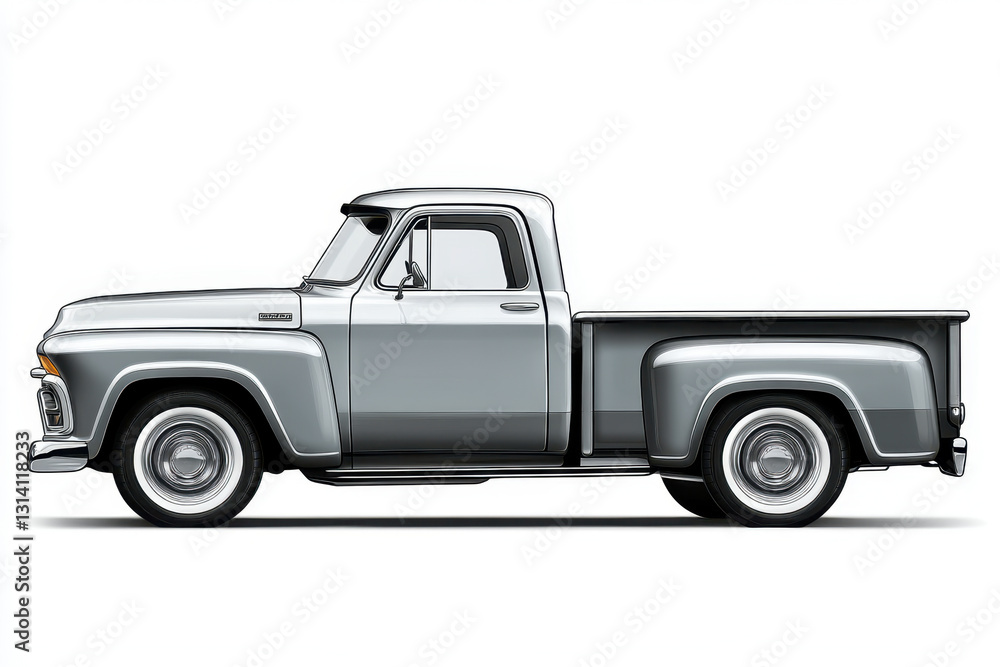 Gray pickup truck on white background, under clear blue sky - clean, minimalistic aesthetic. Gray pickup truck on white background, under clear blue sky - clean, minimalistic aesthetic.