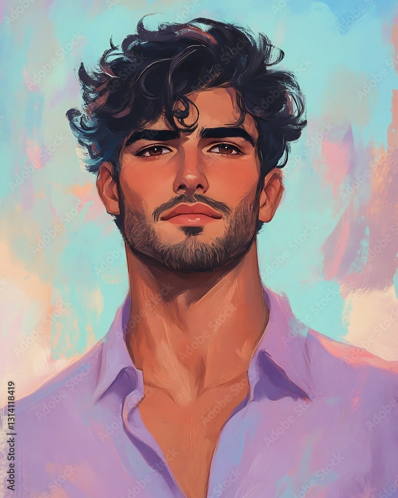 Fototapeta premium Middle Eastern Man with Dark Curls and Brown Eyes