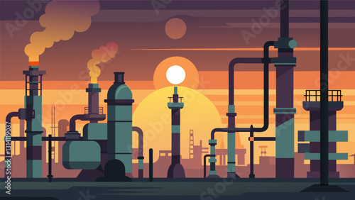 The gentle light of dawn casts a serene glow on the refinerys network of pipes and valves giving them a golden sheen.. Vector illustration