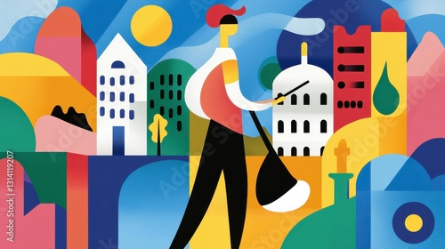 Vibrant Urban Scene with Character and Abstract City Elements