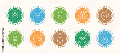 Set of colorful allergen free icons. Food labels and badges. Gluten free, lactose free, sugar free. Vector illustration
