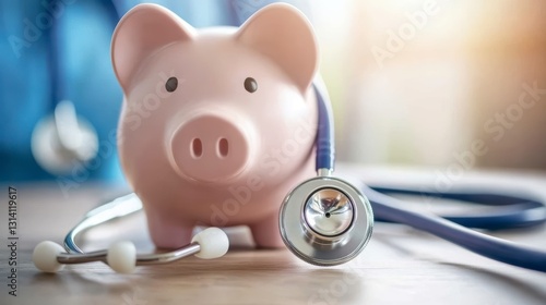 The image depicts the financial strain of healthcare, showing a pink piggy bank symbolizing savings intertwined with a stethoscope, representing medical expenses This visual metaphor underscores the