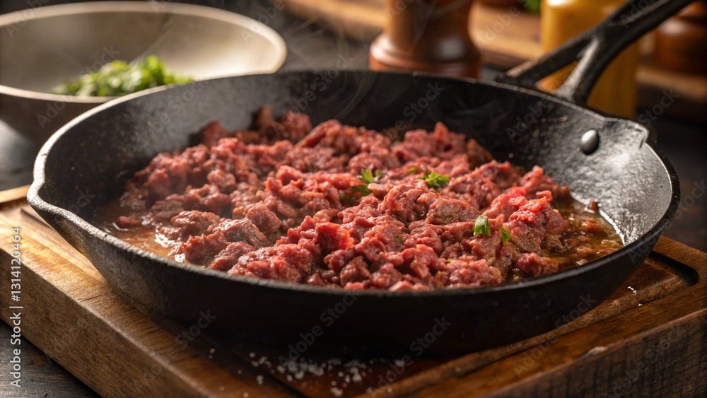 Cooking ground beef in a cast iron skillet, steam rising, ready for a delicious meal. A close-up of home cooking with fresh ingredients Cooking ground beef in a cast iron skillet, steam rising, ready for a delicious meal. A close-up of home cooking with fresh ingredients