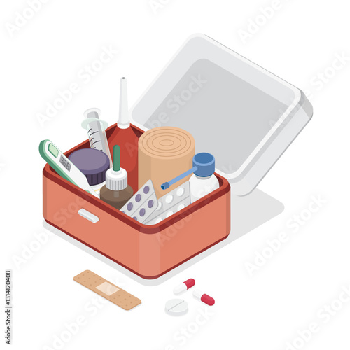 Opened first aid kit. Box with thermometer, pills, plaster, enema and syringe. Isometric vector icon on white background.