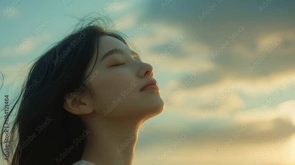 Young Asian girl gazing at the sky with a look of hope, set against a serene and inspiring background. Young Asian girl gazing at the sky with a look of hope, set against a serene and inspiring background.