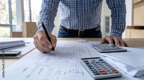 This image depicts a focused business setting, likely related to cost assessment and quality assurance The scene highlights a person working on detailed plans or documents, potentially involving