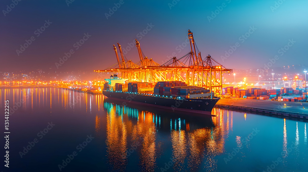 Fototapeta premium Illuminated Cargo Ship Docked At A Bustling Port With City Lights Reflecting On The Water At Night
