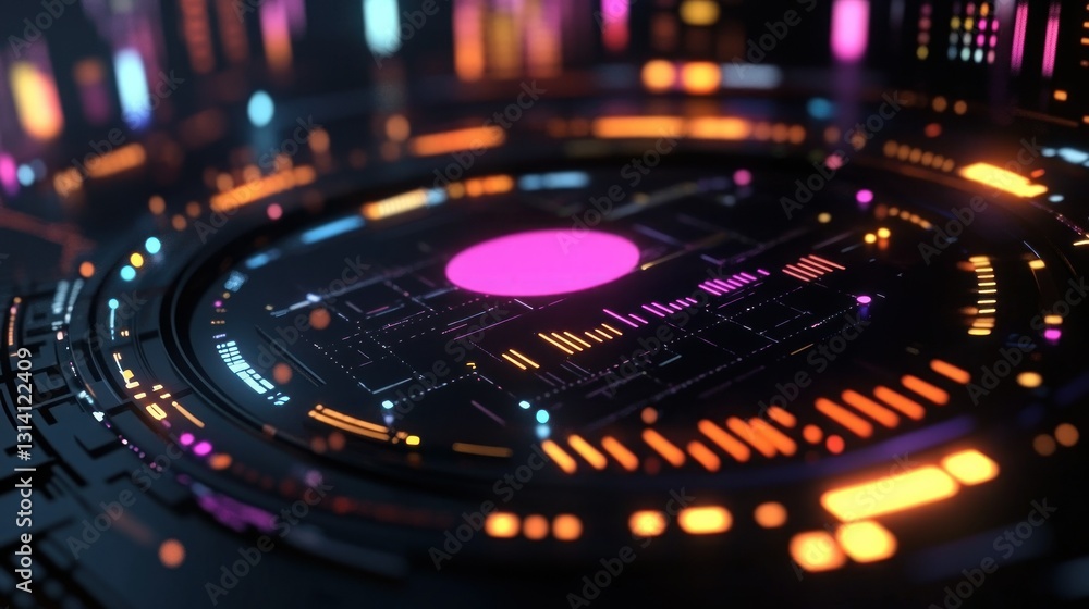 A futuristic circular digital display with glowing lights and patterns