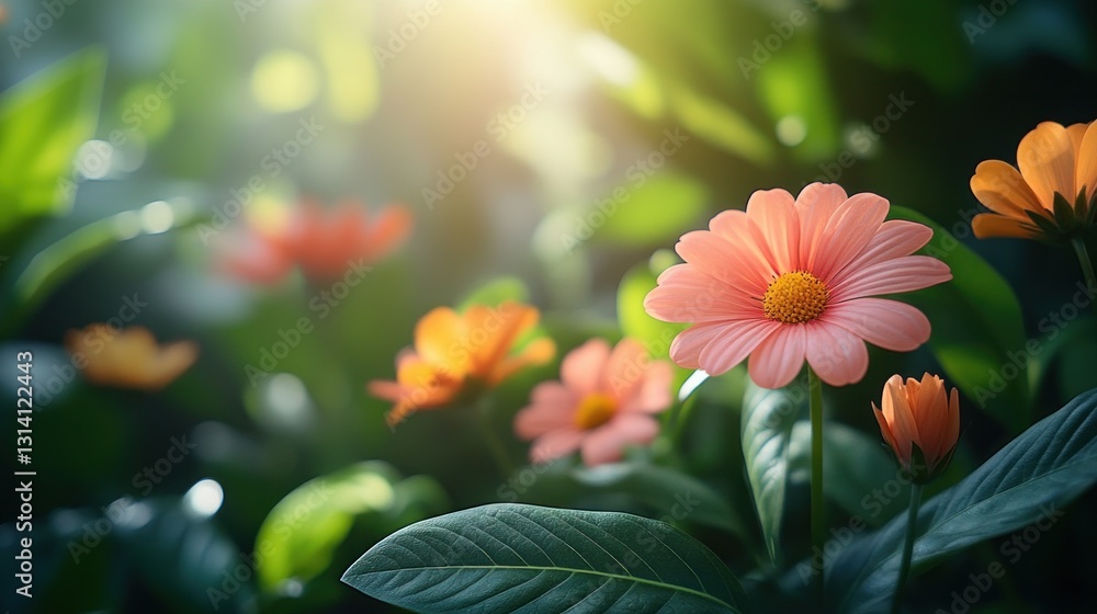 Fototapeta premium Soft focus of blooming pink flowers in a garden at sunrise. Use Background, wallpaper, nature poster