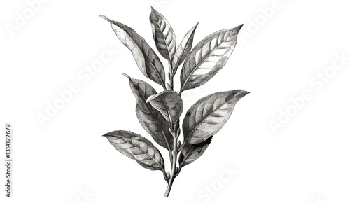 Vector botanical illustration, Tea Leaf isolated on transparent background, old engraving, herbal tea, vintage nature drawing, organic plant, hand-sketched leaf, natural element