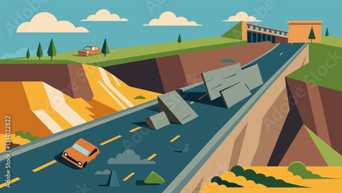 Collapsed retaining walls along highways and roads leading to dangerous driving conditions and increased maintenance costs.. Vector illustration