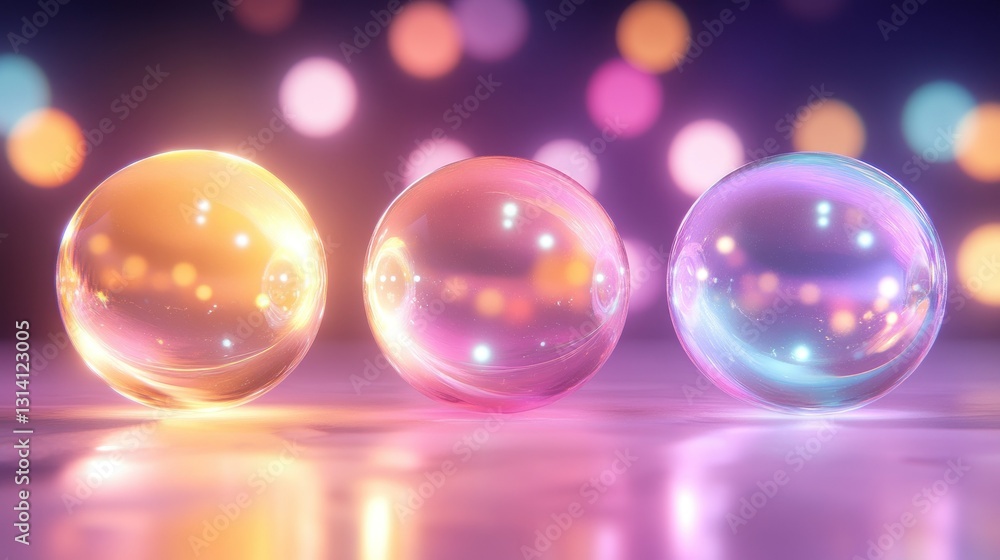 Three illuminated spheres with vibrant colors and blurred background lights Three illuminated spheres with vibrant colors and blurred background lights