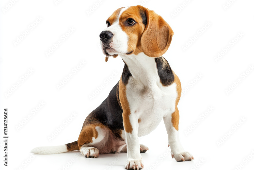 Beagle dog sitting on white background, looking alert and curious. Beagle dog sitting on white background, looking alert and curious.