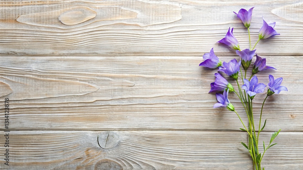 Delicate Campanula Bells Flat Lay on Rustic Wood, Copy Space Delicate Campanula Bells Flat Lay on Rustic Wood, Copy Space