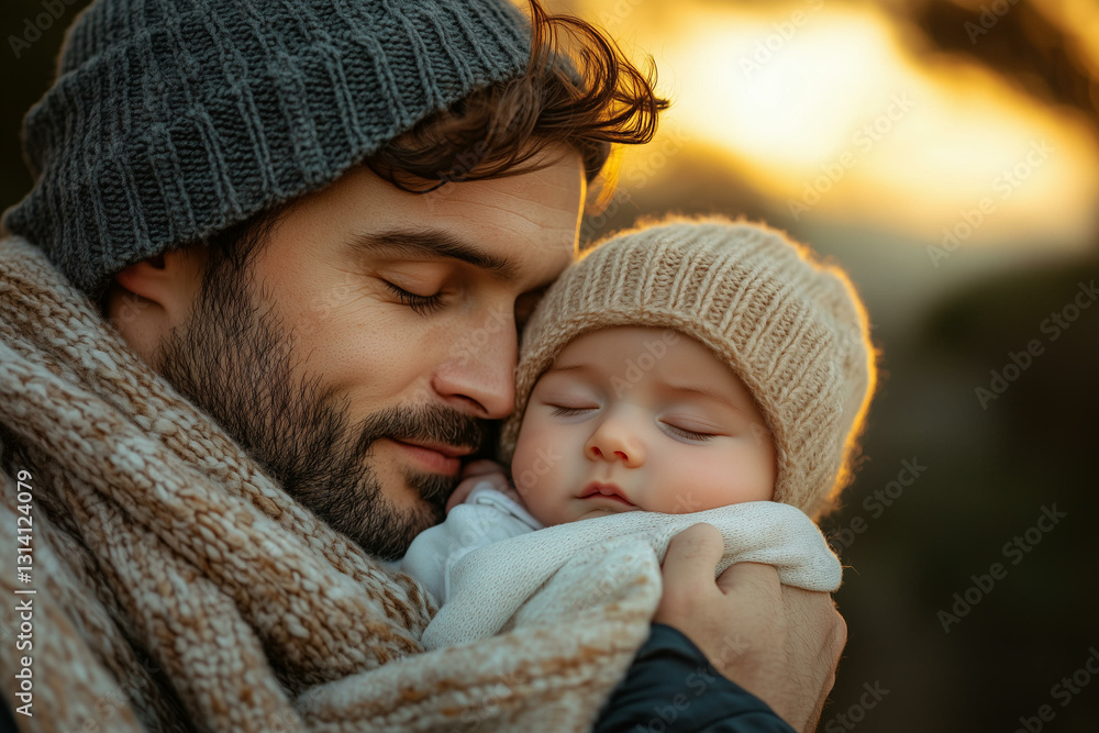 Obraz premium Father holding newborn baby. Young dad with child, male parent with infant son or daughter, family moments and parenting concept