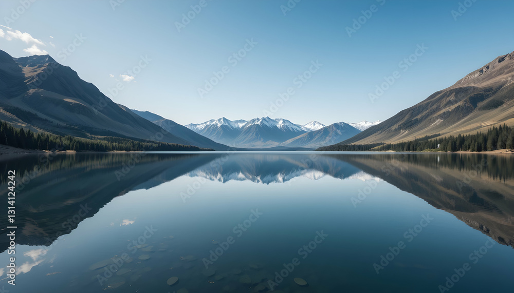 Reflecting Lake Surrounded by Mountains and Forest Under Clear Sky Reflecting Lake Surrounded by Mountains and Forest Under Clear Sky
