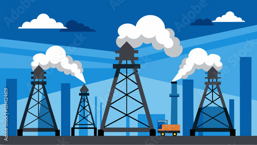 Steel derricks framed against a blue sky with the occasional burst of steam being released from a drilling rig.. Vector illustration