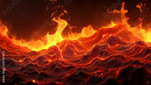 Molten fire wave rising on a dark orange field with flames, lava flowing on terrain, concept of power, energy