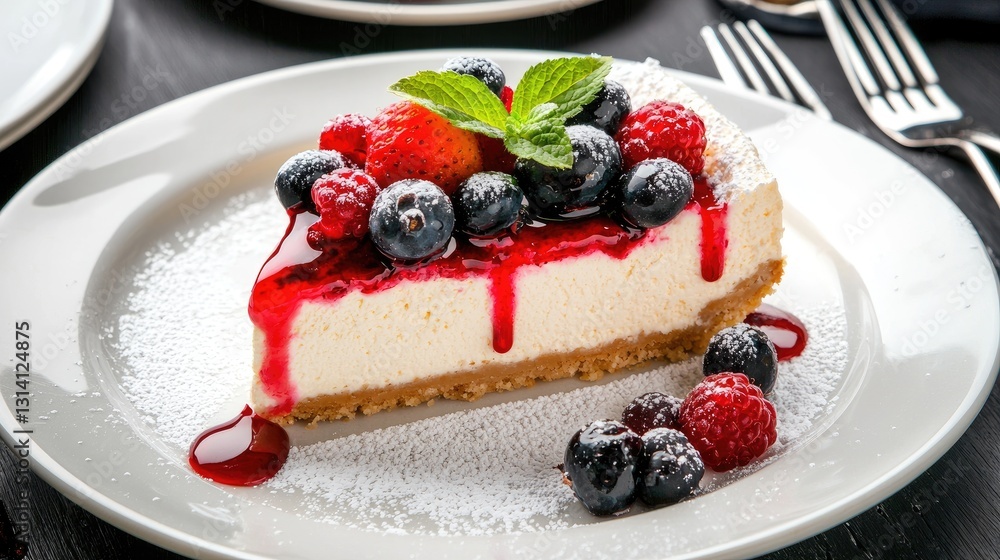 Close-up of a creamy cheesecake slice with glossy berry toppings and powdered sugar Close-up of a creamy cheesecake slice with glossy berry toppings and powdered sugar