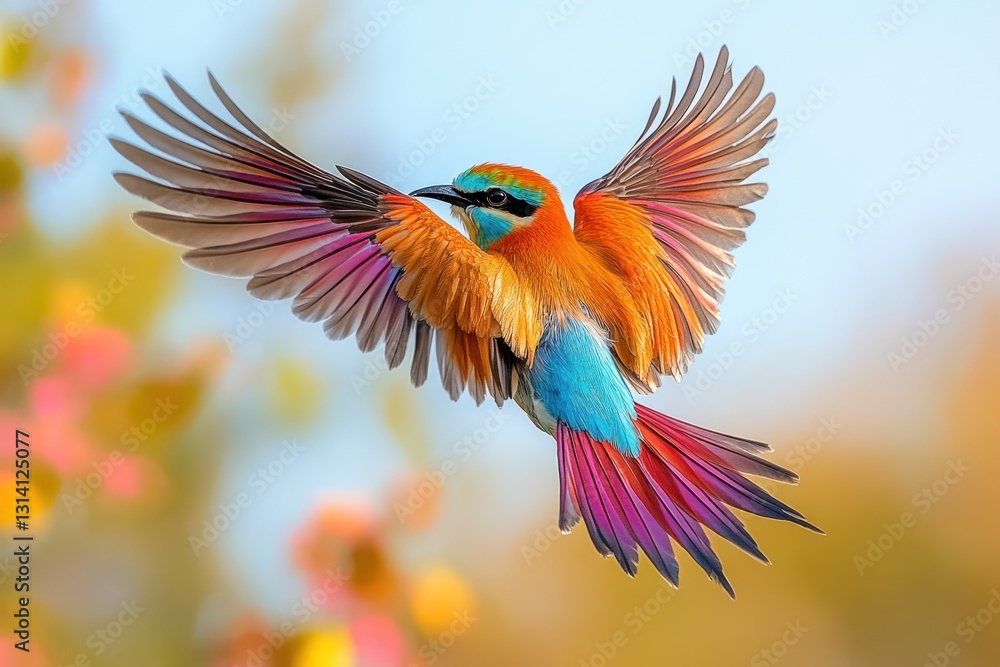 Fototapeta premium Colorful bird in flight, vibrant plumage, garden setting, soft-focus bokeh background