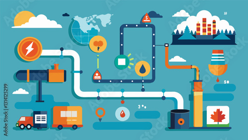 An infographicstyle map using charts and graphs to highlight key statistics and facts about pipeline transportation such as the amount of oil and gas. Vector illustration