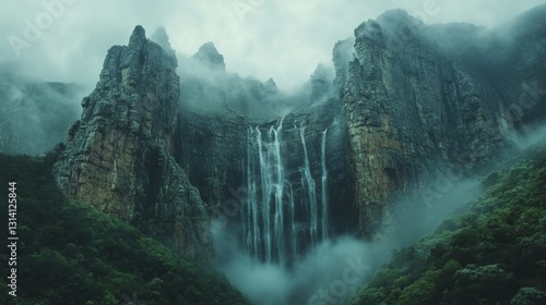 Mountain peaks rise above flowing water. Tall waterfall cascades down cliff faces. Clouds drift through green forest. Nature scene.