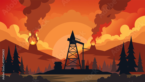 The dark silhouette of the oil derrick stands against the fiery backdrop of the gas flares a symbol of the interplay between industry and nature.. Vector illustration