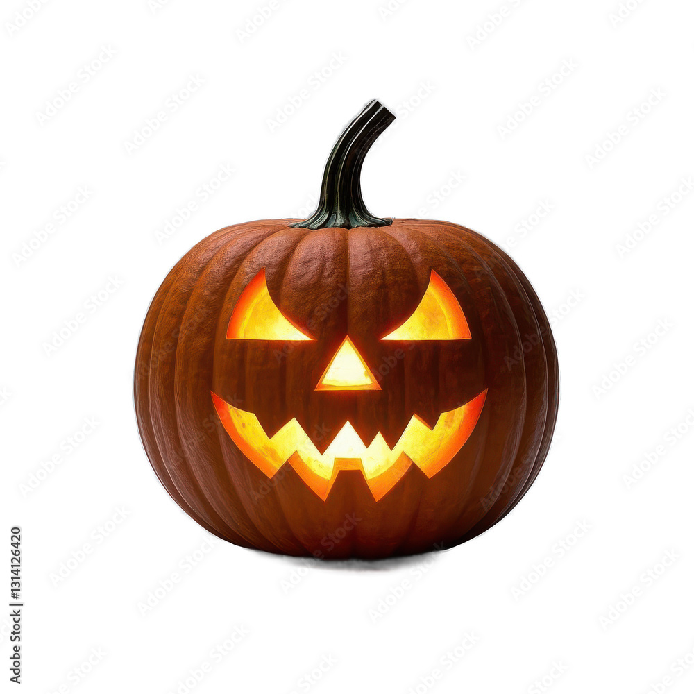 Fototapeta premium Halloween pumpkin, jack-o'-lantern, glowing eyes, eerie smile, carved face, orange gourd, spooky on transparent background