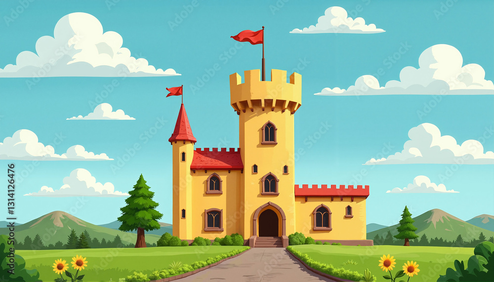 Naklejka premium St. Patrick’s Day, Colorful Irish Castle with flags on a sunny landscape, copy space
