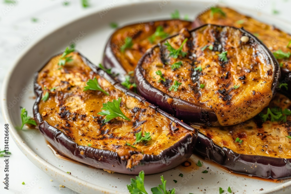 Grilled eggplant slices garnished with herbs. AI image Grilled eggplant slices garnished with herbs. AI image