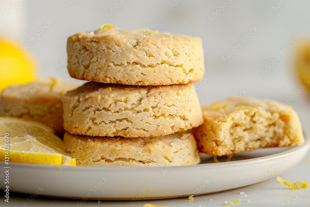 Fresh lemon biscuits on white plate with lemon garnish. AI image Fresh lemon biscuits on white plate with lemon garnish. AI image