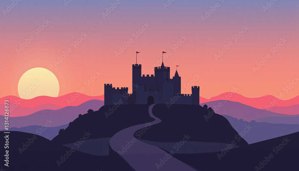 Obraz premium St. Patrick’s Day, Silhouette of an Irish Castle at sunset with rolling hills, copy space