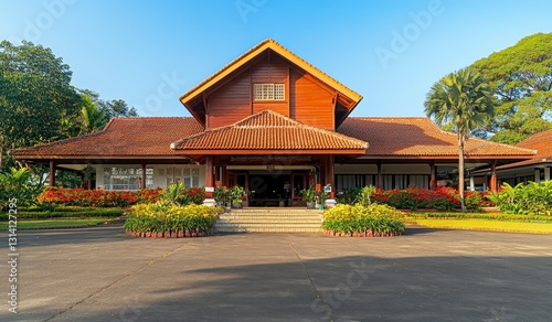 Traditional wooden house with red tile roof and landscaped garden