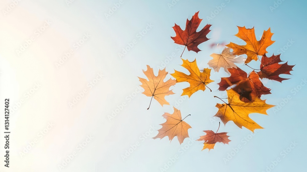 Autumn Maple Leaves Floating Against A Clear Blue Sky Showcasing Fall Colors Autumn Maple Leaves Floating Against A Clear Blue Sky Showcasing Fall Colors