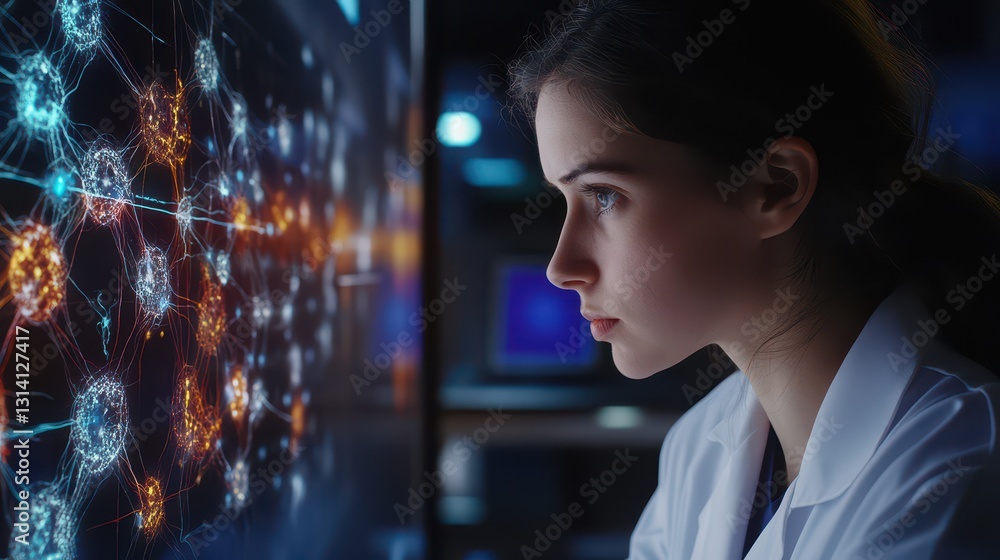 Naklejka premium A focused Arab woman in a hijab gazes intently at a computer screen displaying a vibrant network of interconnected dots and lines, symbolizing data and connectivity.
