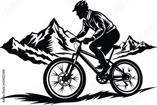 A vector silhouette of an adult man mountain biking in a mountain setting