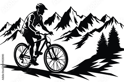 A vector silhouette of an adult man mountain biking in a mountain setting