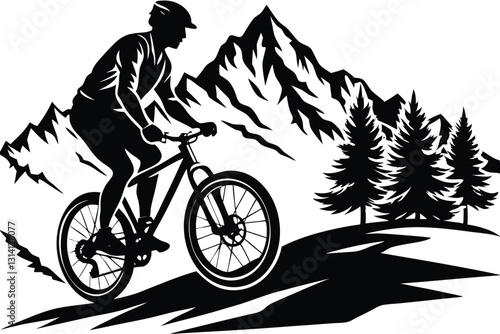 A vector silhouette of an adult man mountain biking in a mountain setting