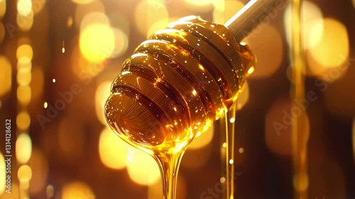 Golden honey dripping from a spoon with rich texture and natural lighting