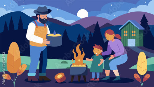 The crackling sound of burning corn cobs echoes through the countryside as a farmer heats up his biomass stove to keep his family warm on a chilly. Vector illustration
