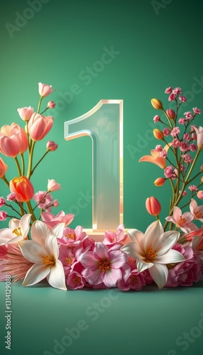 Number One with Delicate Pink and White Flowers on Teal Backgrounds Design