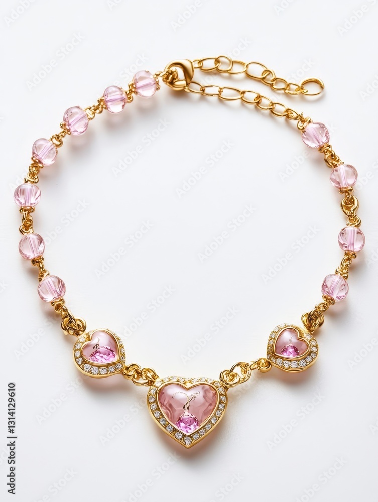 Romantic Gold Necklace with Heart-shaped Pink Gemstones and Beads Romantic Gold Necklace with Heart-shaped Pink Gemstones and Beads