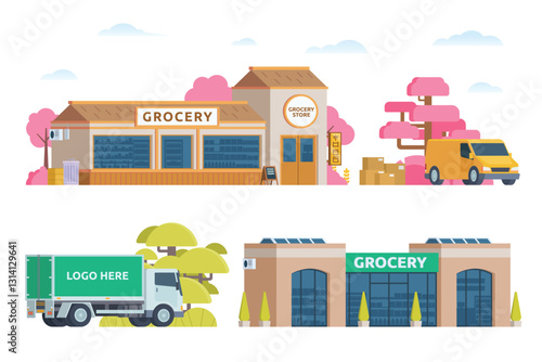 Grocery store building bundle vector illustration. Shop & market in flat style, Fully editable elements	

