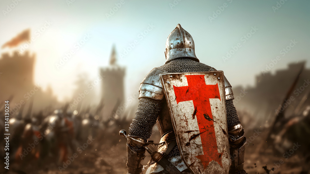 Fototapeta premium A knight stands amidst battle looking towards the conflict
