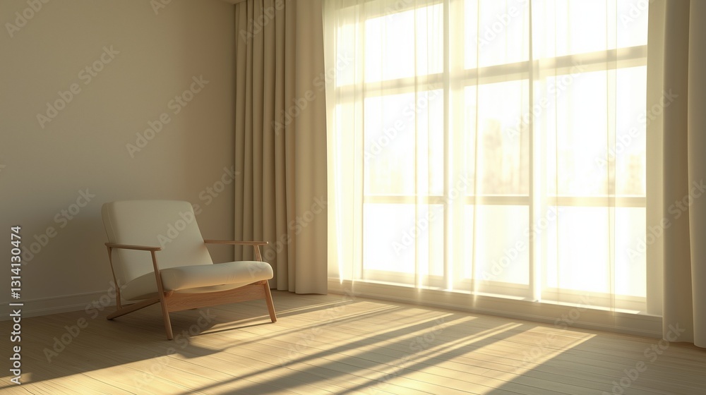 Obraz premium Modern living room with a large window on the right side. the window is covered with sheer white curtains that are open, allowing natural light to enter the room.