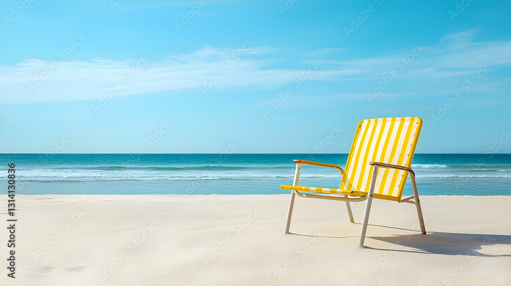 Yellow And White Striped Beach Chair On White Sand Beach With Blue Ocean And Sky Background On Sunny Summer Day Yellow And White Striped Beach Chair On White Sand Beach With Blue Ocean And Sky Background On Sunny Summer Day