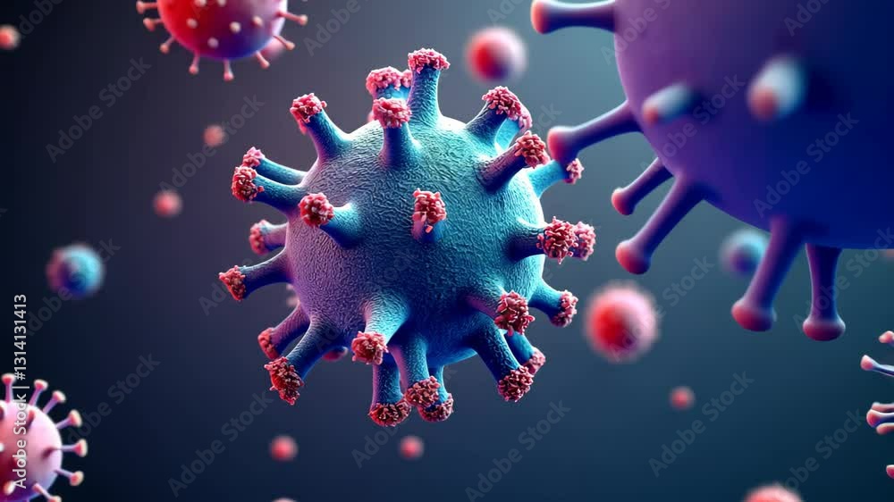 Macro view of virus cell 3D illustration on a blue background, concept of healthcare, medicine