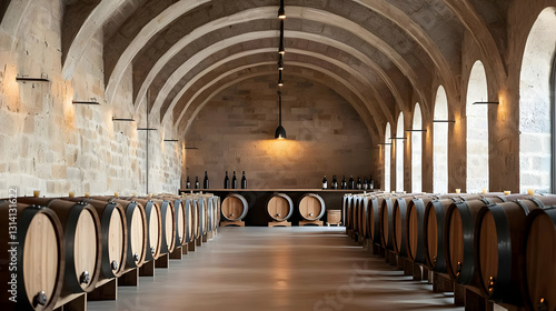 Wine Cellar With Oak Barrels Under Stone Arches